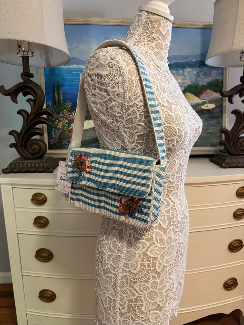 TikTok Viral Beaded Blue/ White Striped Crab Shoulder Bag NWT